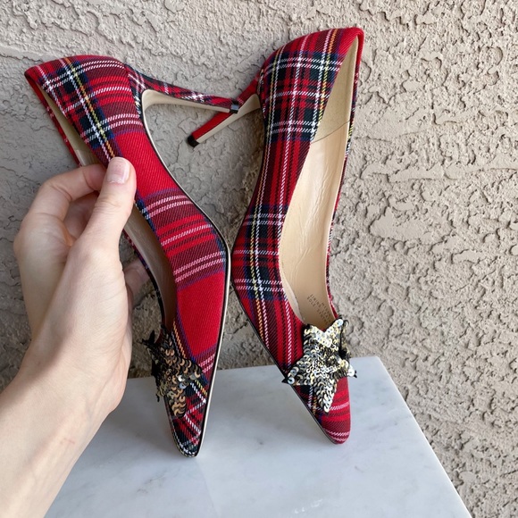 J. CREW COLLECTION Tartan Plaid Silver Sequin Star Pointy Toe Lucie Pumps Heels - Picture 9 of 13